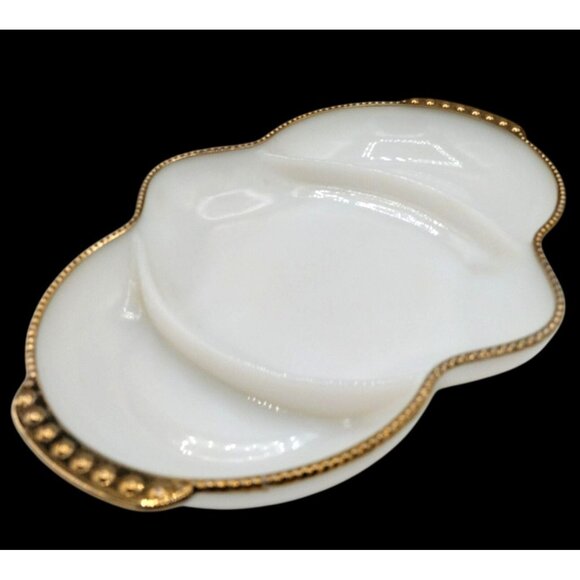 Divided Relish Tray Fire King White Milk Glass Gold Bead Trim Vintage 11 Inch - Picture 1 of 10